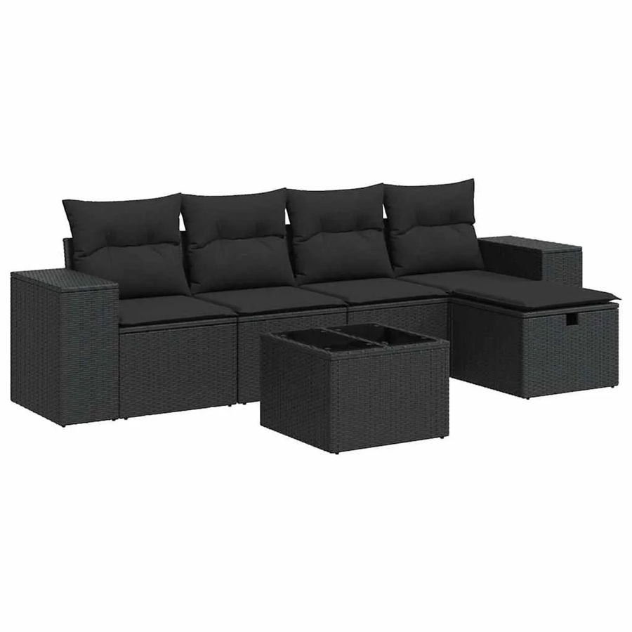vidaXL 6-teilige Garten-Sofagarnitur aus Poly-Rattan mit Kissen in Schwarz - Bild 2