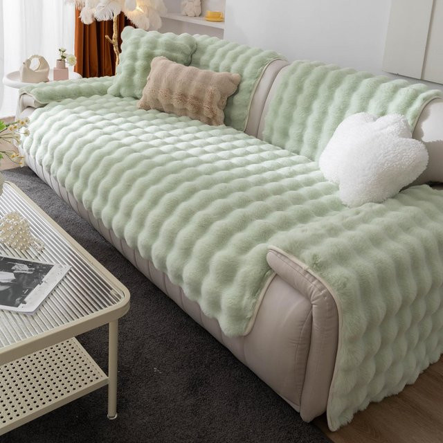 Rutschfester Sofabezug aus weichem Kaninchenfell-Plüsch für dein Sofa, grau oder grün, B: 180 cm, T: 70 cm - Bild 1