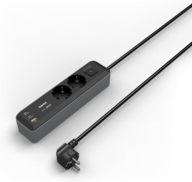 Hama Steckdosenleiste 2-fach mit USB-C und USB-A 65W PD in Schwarz/Grau, 1,4 m - Bild 1