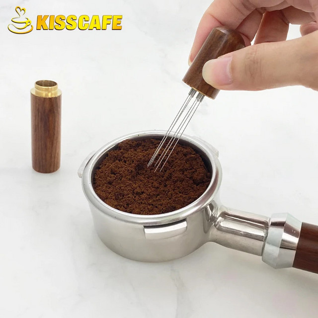 ALIKISSCAFE Kaffee Distributor WDT Werkzeug mit Nadeln und Tamper Leveler aus Holz in Braun für Espresso Zubehör 51mm 54mm 58mm - Bild 1