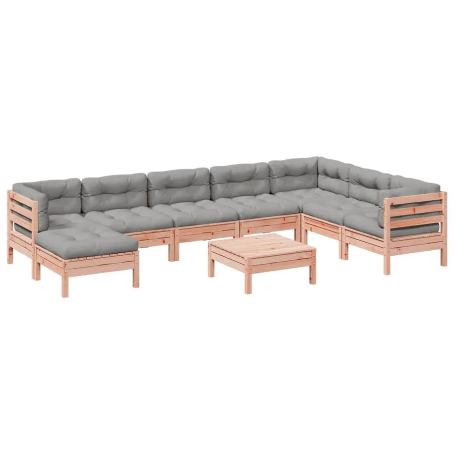 vidaXL 9-tlg. Garten-Sofagarnitur aus Massivholz Douglasie in L-Form mit Kissen und Ottoman, Farbe: Braun/Grau - Bild 2