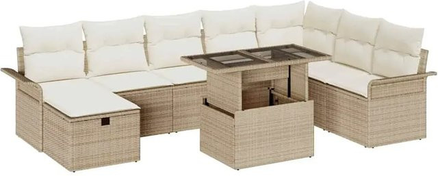 vidaXL Garten-Sofa-Set aus Polyrattan in Beige, 9-teiliges U-Form Set mit Kissen und integriertem Stauraum - Bild 1