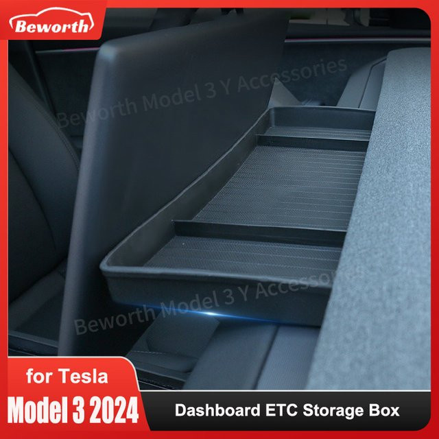 Beworth Armaturenbrett Ablagefach und Taschentuchbox aus TPE für Tesla Model 3 Highland 2024-2026 in Schwarz - Bild 1