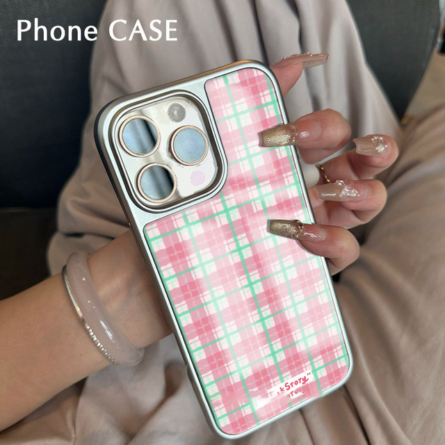 Silberne iPhone Schutzhülle mit koreanischem Gitter-Design und Epoxy-Finish für iPhone XR bis iPhone 17 Pro Max - Bild 1