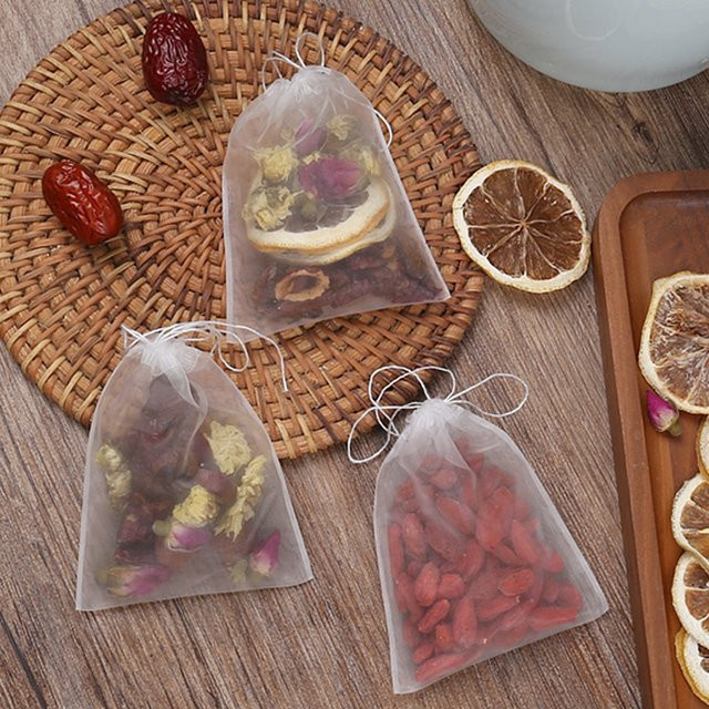 100 Stück leere Teebeutel aus Nylon für losen Tee und Kräuter, transparent mit Schnur und Siegel zum Befüllen - Bild 1