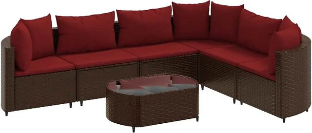 vidaXL 7-teilige Garten-Sofagarnitur in L-Form aus braunem Poly-Rattan mit Kissen und Couchtisch - Bild 1