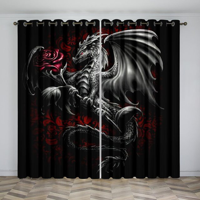 Zweiteiliges Vorhangset mit Fliegendem Drachen und Dinosaurier Motiv in Schwarz, halbtransparent, mit Ösen, Breite: 50 cm, Höhe: 130 cm - Bild 1
