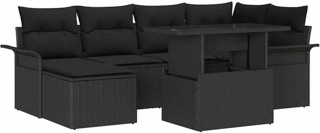 vidaXL Garten-Sofa-Set aus Poly-Rattan in Schwarz, 7-teiliges L-Shape Lounge-Set mit Kissen und Tisch - Bild 1