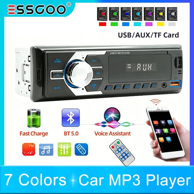 ESSGOO Autoradio 1DIN Universal mit Bluetooth, Freisprechfunktion, MP3-Player, USB und Aux-In in Schwarz mit 7 Farben - Bild 1