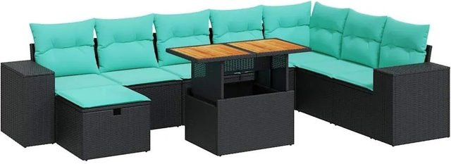 vidaXL 9-teilige Garten-Sofagarnitur in L-Form aus Poly-Rattan und Akazienholz mit Kissen in Schwarz - Bild 1