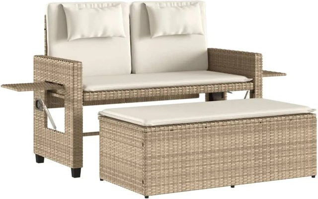 vidaXL Gartenbank aus Poly Rattan mit Kissen in Beige und Weiß, verstellbare Gartenbank mit Armlehnen für den Außenbereich - Bild 1