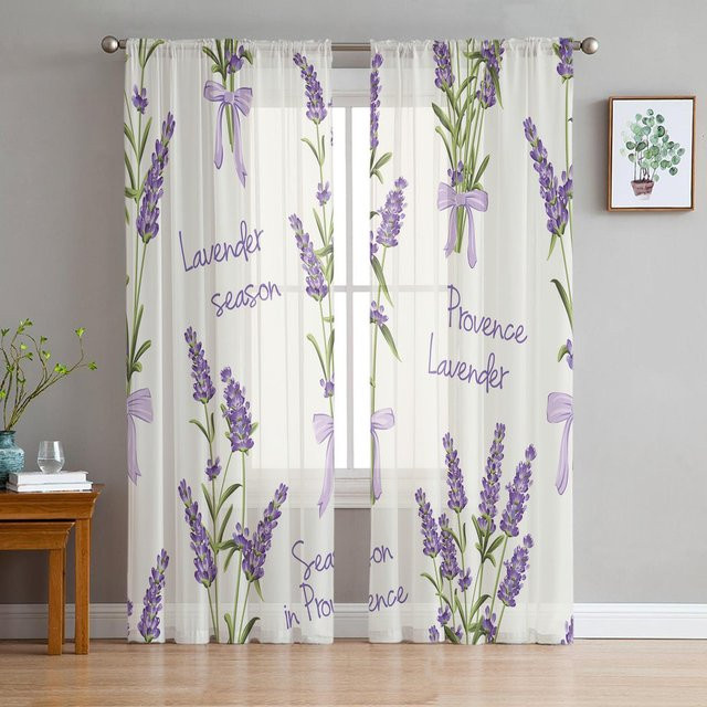 Yiran Furniture Transparenter Tüllvorhang mit Blumenmuster in Lila, Vintage Stil, Breite: 135 cm, Höhe: 115 cm - Bild 1