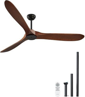 VEVOR Deckenventilator ohne Licht in Braun mit 3 Holzflügeln, 6-Stufen Fernbedienung, reversibler DC-Motor, Modern Low Profile Flush Mount für Innen und Außen, Durchmesser: 180 cm - Bild 1