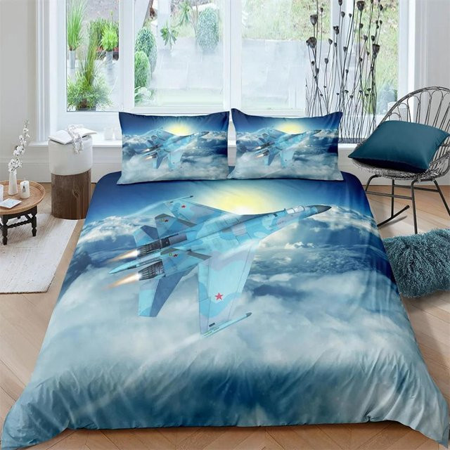 JMG Household Supplies Bettwäsche-Set Kampfflugzeug Blau für Kinder und Jugendliche, Bettbezug und Kissenbezug aus Mikrofaser, Breite: 140 cm, Höhe: 210 cm - Bild 1