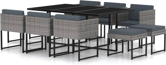 vidaXL 11-tlg Garten-Essgruppe aus Poly Rattan in Grau und Anthrazit mit Tisch und Kissen - Bild 1