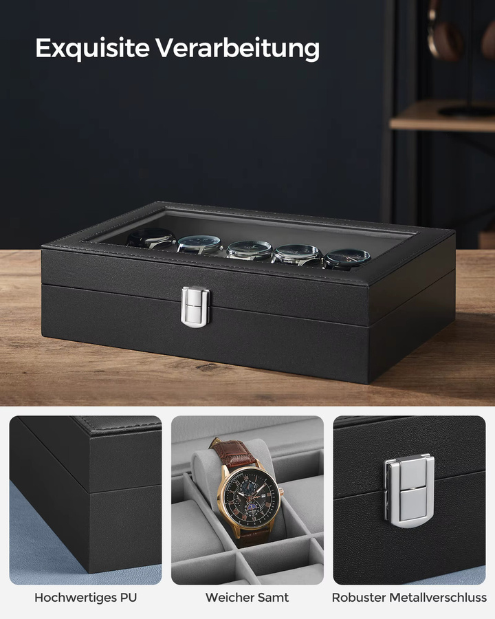 Songmics Uhrenbox Bridie mit 12 Fächern und Glasdeckel in Schwarz - Bild 3