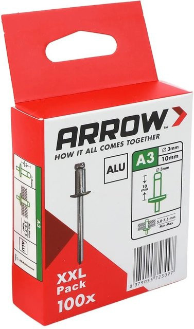 Arrow Blindniete RA aus Aluminium, Farbe Silber/Grau, Durchmesser: 3 mm, Länge: 10 mm, 100 Stück - Bild 1