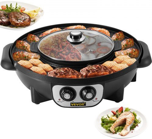 VEVOR 2 in 1 Elektrogrill und Hot Pot mit 2200W, Multifunktionaler Teppanyaki Grill mit Antihaftbeschichtung und dualer Temperaturregelung, Schwarz - Bild 1