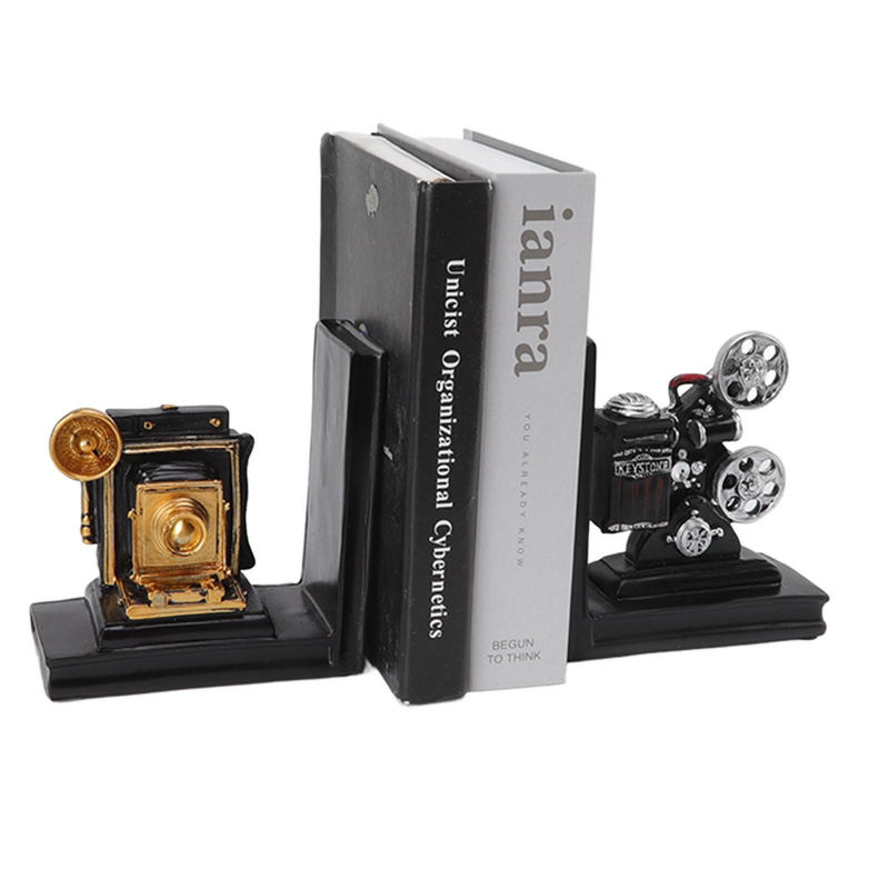 TOMTOP JMS Buchstützen im Filmprojektor-Design aus Kunstharz, Set aus 2 Stück für Büro und Zuhause, Farben: Silber, Gold oder Schwarz - Bild 4