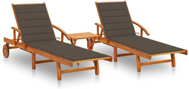 vidaXL Sonnenliegen Set aus Massivholz Akazie mit Tisch und Auflagen in Taupe - Bild 1
