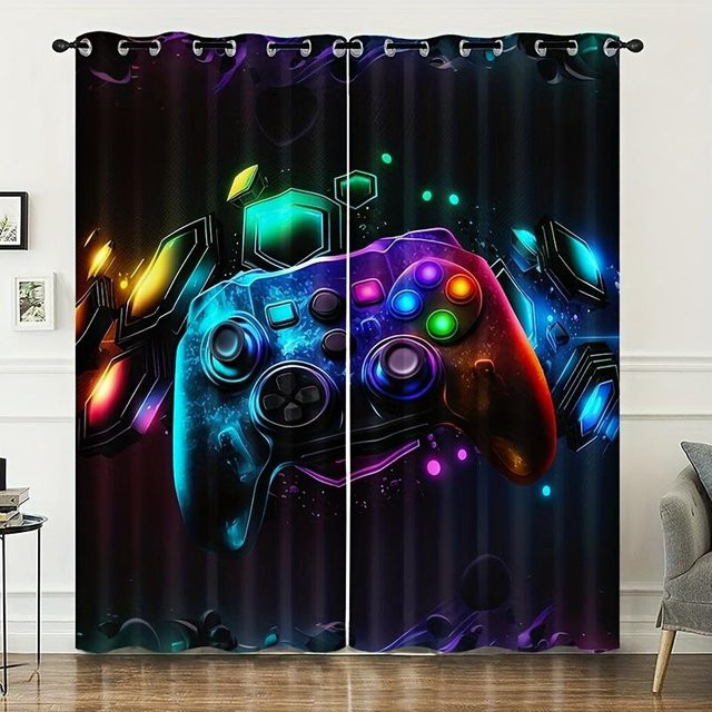Yiran Furniture Gaming-Vorhang-Set für Kinder in Grün, 2-teilig, semi-transparent mit Game-Controller-Motiv, Breite: 135 cm, Höhe: 245 cm - Bild 1