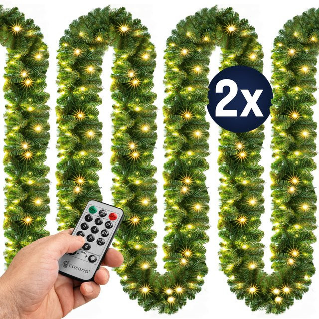 Casaria Weihnachtsgirlande 2er-Set in Grün mit warmweißen LEDs, 5 m Länge, dimmbar mit Fernbedienung und Timer, IP44 wetterfest - Bild 1