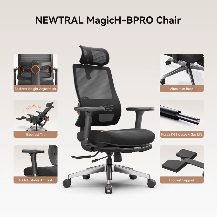 NEWTRAL Ergonomischer Bürostuhl LAPD mit Workstation, schwarzer Home Office Stuhl mit Fußstütze, 5D-Kopfstütze und 4D-Armlehnen - Bild 3