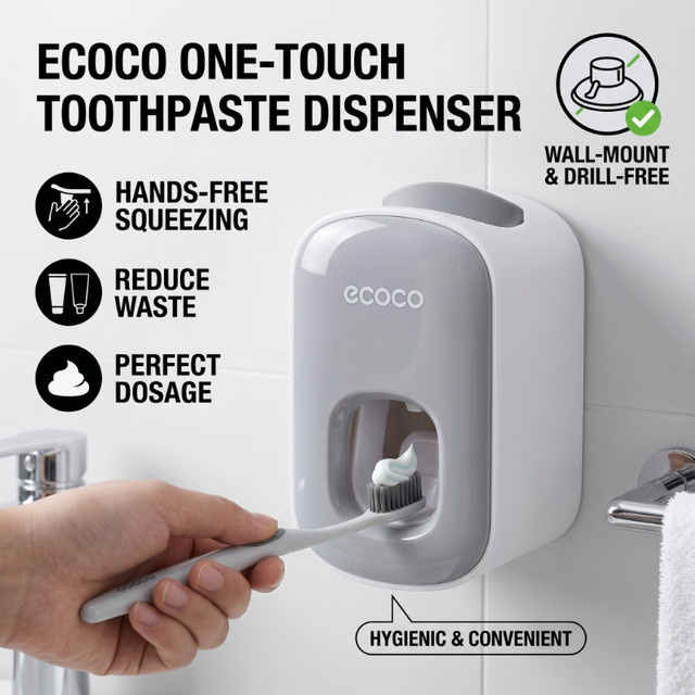 Ecoco Badezimmer Zubehör Set mit automatischem Zahnpasta Spender und staubgeschütztem Zahnbürstenhalter in Weiß - Bild 1