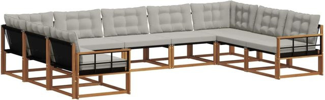 vidaXL Outdoor-Sofagarnitur aus massivem Akazienholz mit Textilene und Kissen, 9-teilig, Grau und Natur - Bild 1