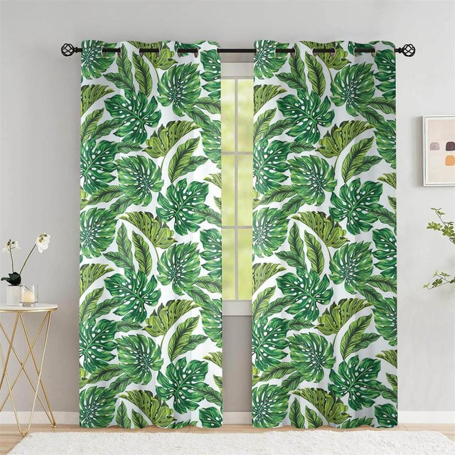 A Family Of Home Textiles Sommer-Vorhänge mit tropischem Palmblatt- und Bananenblatt-Design, semi-transparent, Grün, B: 220 cm, H: 240 cm - Bild 1