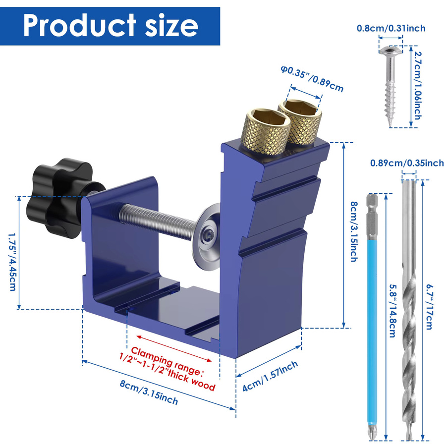 Toorise Pocket Hole Jig Einstellbarer Bohrer-Positionierer mit 15-Grad-Winkellochbohrer-Führungsset für Holzbearbeitung in Blau - Bild 6