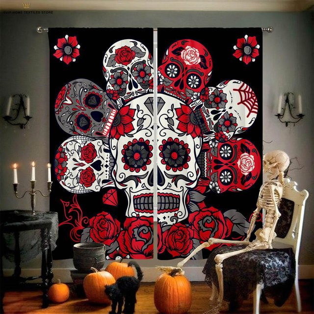 Yiran Furniture Vorhang mit Schädel-Blumen-Motiv in Multicolour, 2er-Set, halbtransparent, Polyester, Breite: 50 cm, Höhe: 130 cm - Bild 1