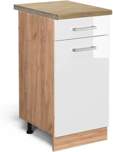 Vicco Küchenunterschrank R-Line Weiß Hochglanz und Eiche, B: 40 cm, H: 81,6 cm, T: 60 cm - Bild 1
