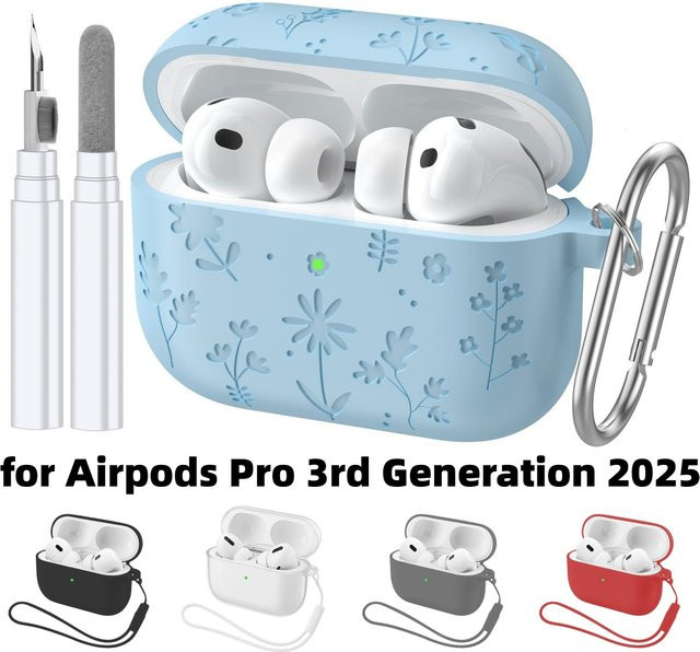 Premium Silikon Kopfhörerhülle mit Blumen-Design für Apple AirPods Pro 3. Generation, graviert, Grau und Blau - Bild 1