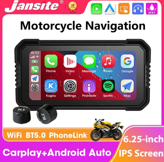 Jansite Tragbares Motorrad CarPlay GPS Navigationssystem und Fahrrekorder mit 6,25 Zoll IPS-Touchscreen, IPX7 wasserdicht, Schwarz, unterstützt TPMS - Bild 1