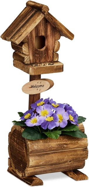 Relaxdays Vogelhäuschen aus Tannenholz in Natur mit Blumentopf, H x B x T: 41 x 15 x 15 cm - Bild 1
