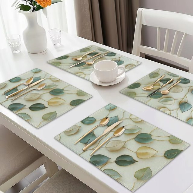 VIKAMA Tischsets im nordischen Stil mit grünem Blättermuster, 4er-Set, wasserdicht und wärmeisolierend, rechteckig aus PVC - Bild 1