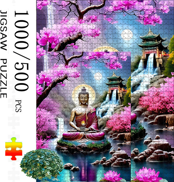 AZNM Zen-Puzzle Buddha, Kirschblüten, Pagoden und Lotus, Puzzle - Bild 1