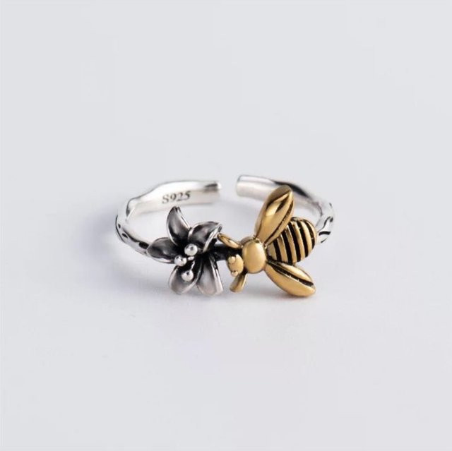 GaGa-Duck Ring, 925 Silber, Biene und Blume, Vintage - Bild 1