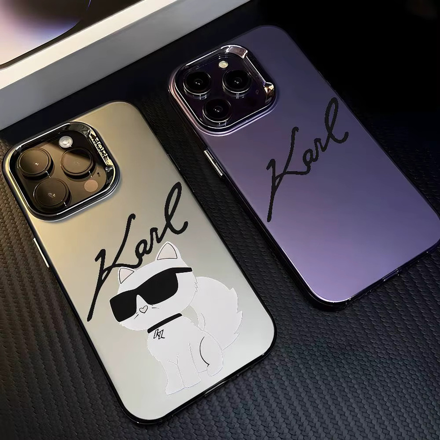 Handyhülle K-Karls Süße Katze im Cartoon-Design für iPhone 11 bis 17 Pro Max, Matt Laser Metallic Aurora in Schwarz und Lila - Bild 2