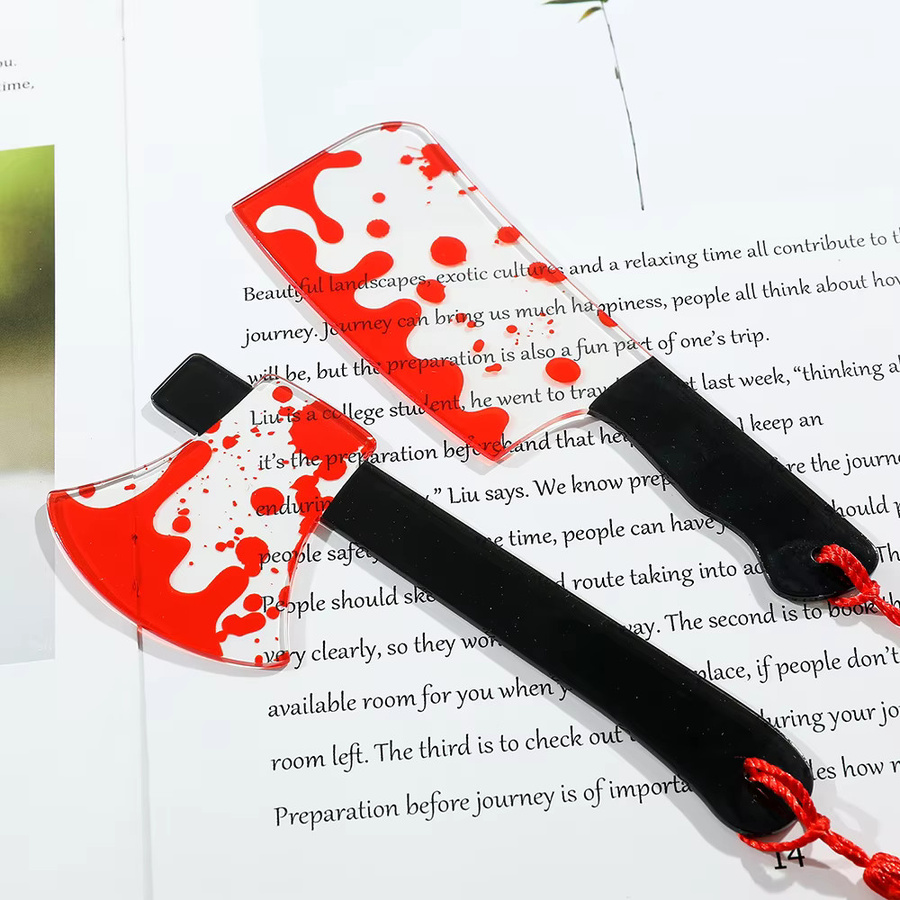 Potdemiel Horror-Messer Lesezeichen aus klarem Acryl mit Quaste in Transparent, Sägeblatt mit Blut Design für Halloween und Bücherwürmer - Bild 2