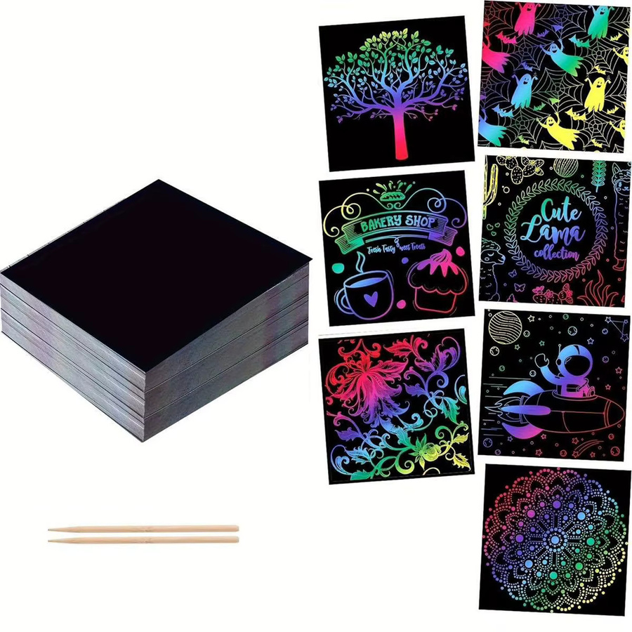 TYFYO Kratzpapier-Kunstset mit 100 Regenbogen-Zauberpapier-Karten und 2 Bambus-Stylus in Schwarz - Bild 5