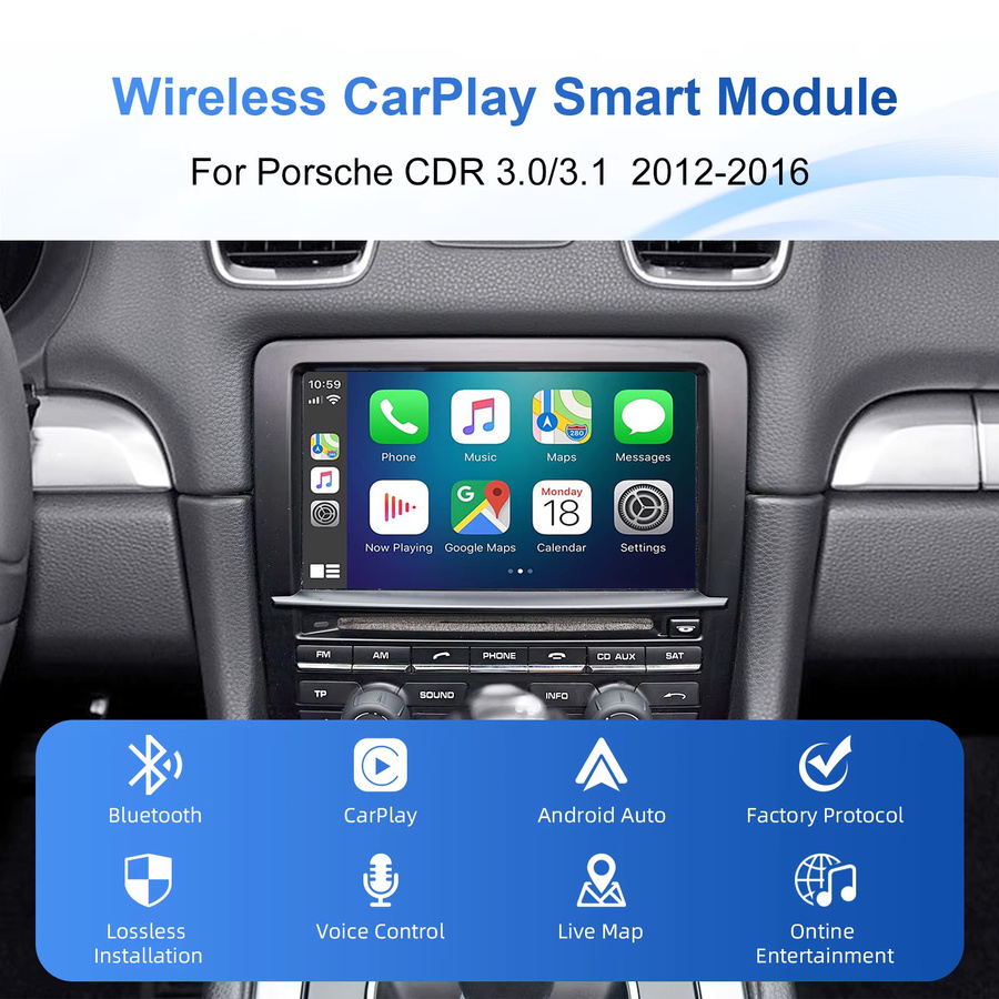 Ezonetronics Kabelloses CarPlay und Android Auto Nachrüstkit Decoder-Box für Porsche CDR 3.0 3.1, Farbe: Schwarz - Bild 2