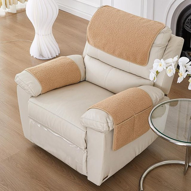 3er-Set dehnbarer Fleece Sofa-Armlehnenbezug mit Taschen und Kopfstütztuch, rutschfest, beige - Bild 1