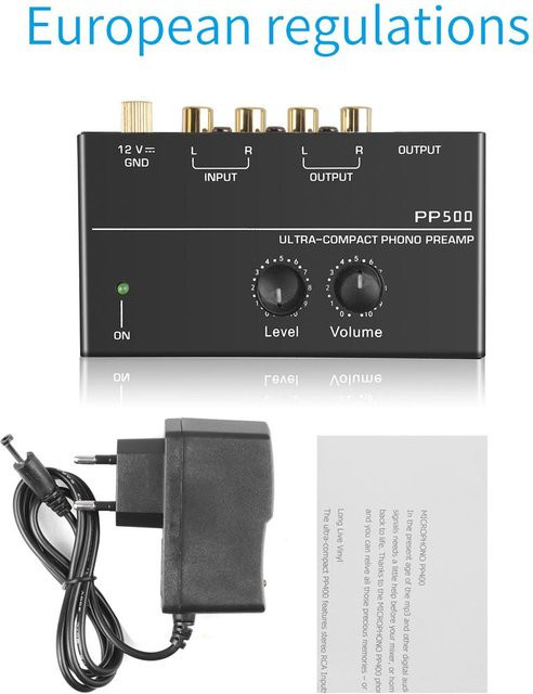 YJMP Electronic PP500 Ultrakompakter Phono-Vorverstärker in Schwarz mit Pegel- und Lautstärkeregler, Cinch-Eingang/Ausgang sowie 1/4 TRS-Ausgang für LP-Vinyl-Plattenspieler - Bild 1