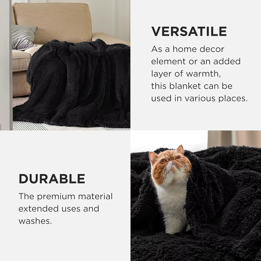JUANNAI Überwurfdecke aus Fleece und Sherpa-Plüsch in Schwarz, Unisex Design, B/T: 120 x 80 cm - Bild 5