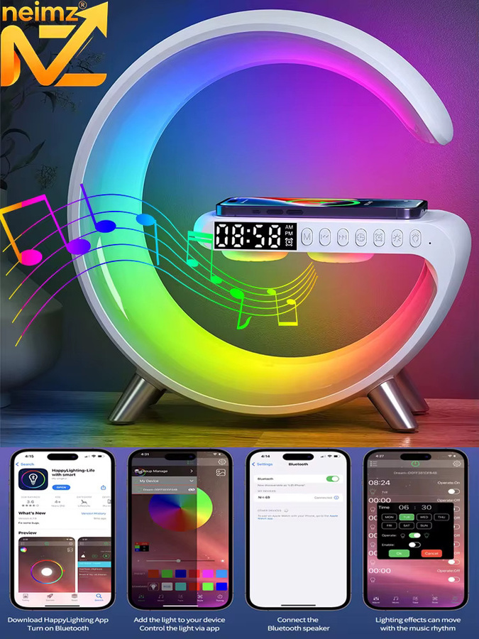 NEIMZ Sonnenaufgang-Simulations-Wecker mit Bluetooth-Lautsprecher, kabellosem Laden und App-Steuerung in Weiß - Bild 7