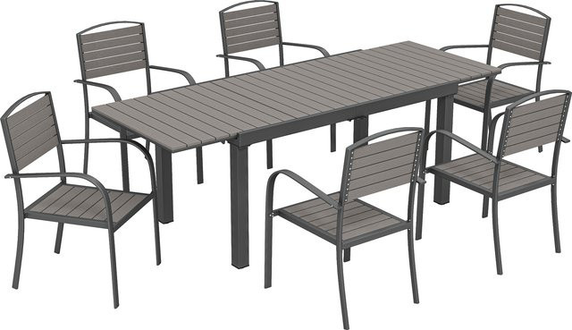 Outsunny Gartenessgruppe mit ausziehbarem Tisch und 6 Stühlen in Holzoptik, Grau, wetterfest mit Aluminiumrahmen - Bild 1