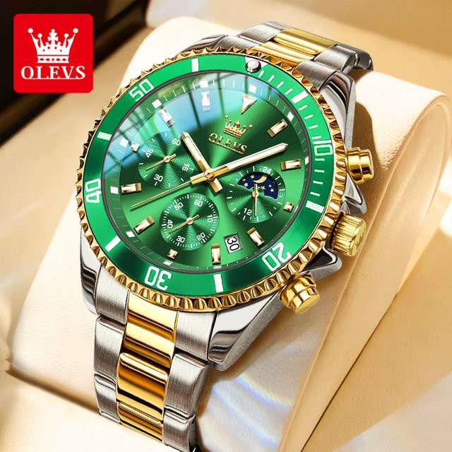 OLEVS Chronograph, Edelstahl, Quarz, Grün, Herren - Bild 1