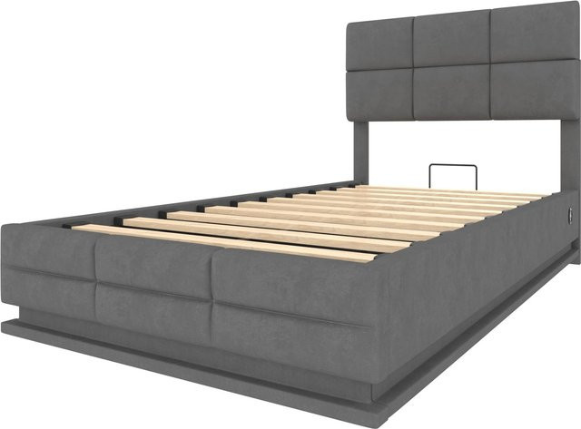 okwish Polsterbett Grau mit LED-Beleuchtung, USB-Anschluss und Hydraulik-Stauraum, B/T: 90 x 200 cm - Bild 1